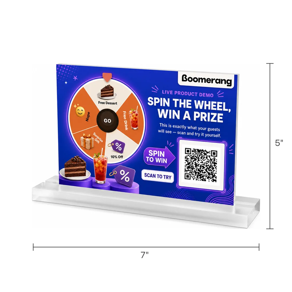 Demo table tent in its clear acrylic stand, angled view