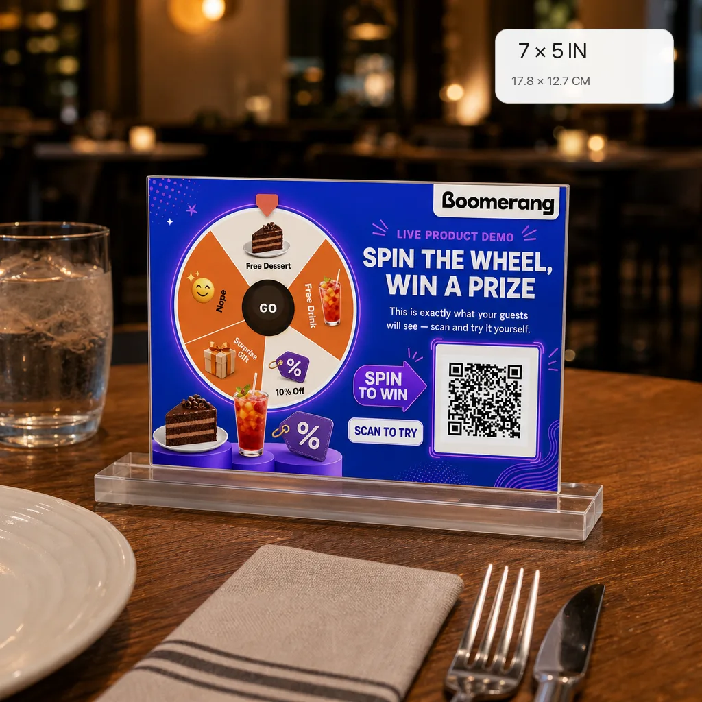 Demo table tent on a restaurant table, sized 7 by 5 inches